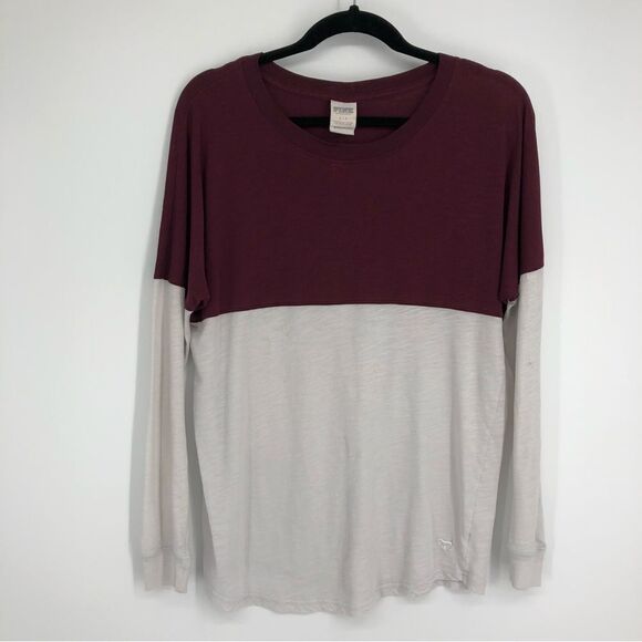 PINK by VS‎ White Burgundy Colorblock Long Sleeve Tee Womens Small - Picture 1 of 5